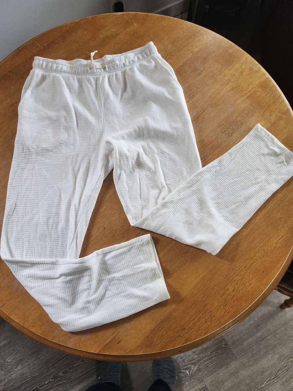 White 100% Cotton Wide Leg Joggers, Checkered Ribbed, Large